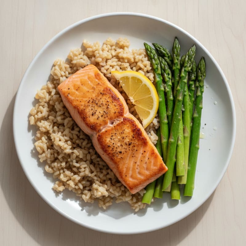 Seared Salmon with Steamed Asparagus and Brown Rice