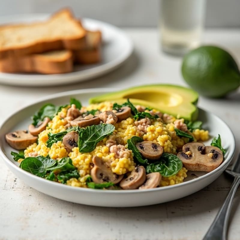 Egg White and Turkey Spinach Scramble with Sautéed Mushrooms