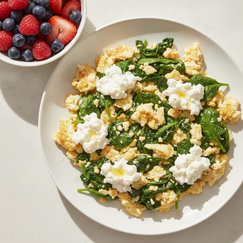 Egg White and Spinach Scramble with Cottage Cheese and Berries