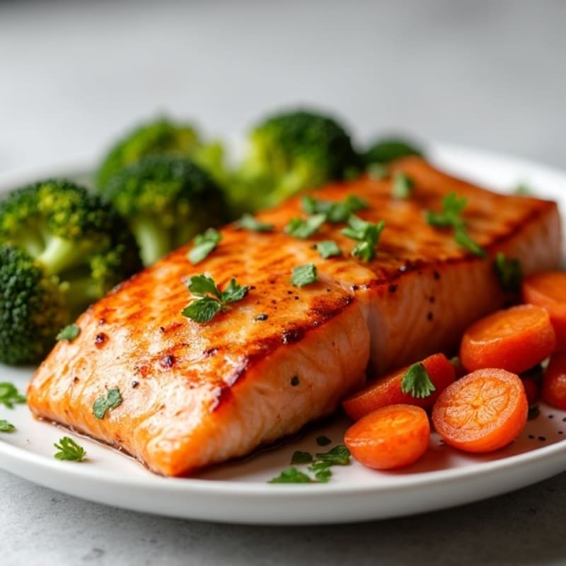 Maple Glazed Salmon with Roasted Carrots and Broccoli