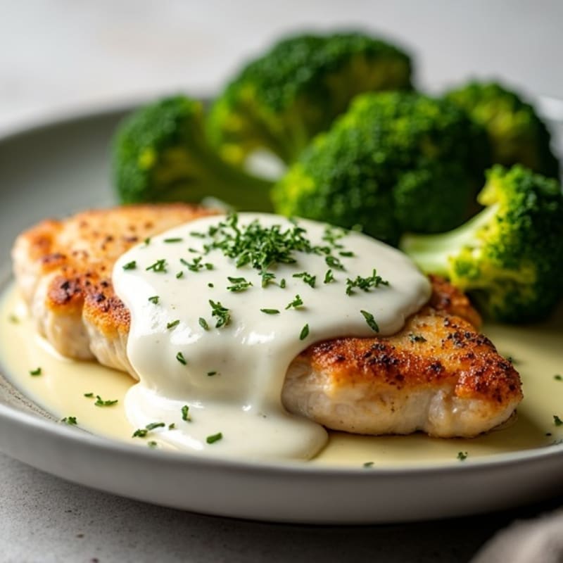 Pan-Seared Chicken with Creamy Lemon Herb Sauce and Crispy Roasted Broccoli
