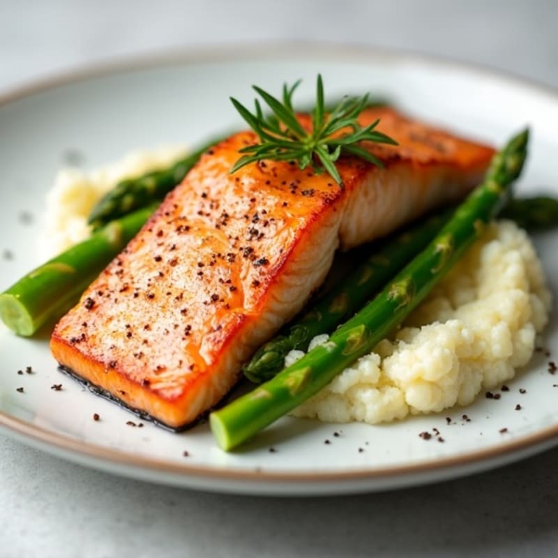 Seared Salmon with Steamed Asparagus and Cauliflower Mash