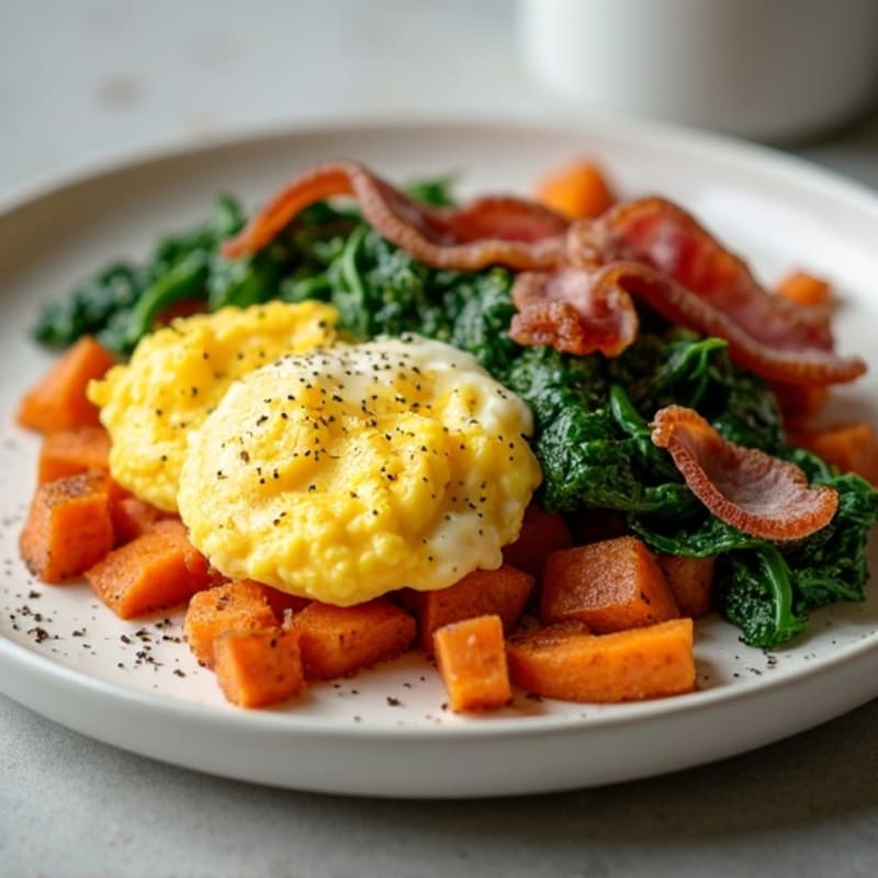 Creamy Scrambled Eggs with Sautéed Greens and Crispy Sweet Potato Hash
