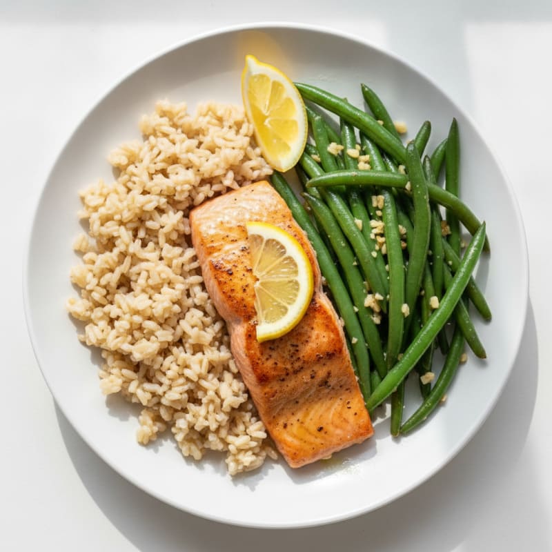 Seared Salmon Fillet with Garlic Green Beans and Steamed Brown Rice