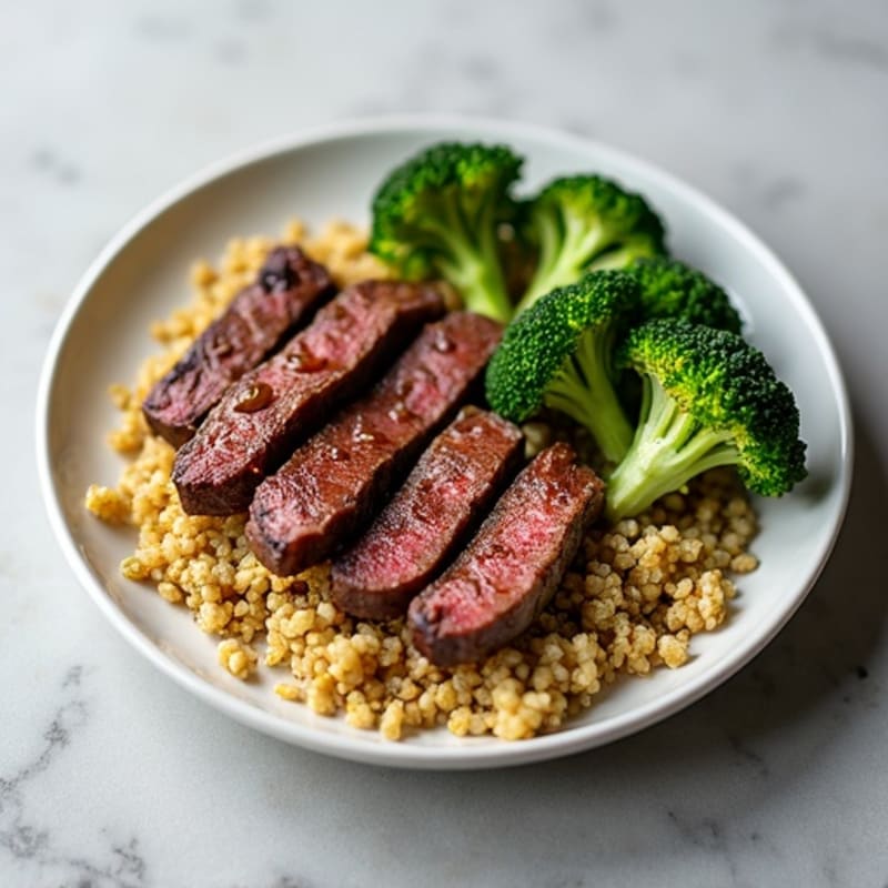 Seared Lean Beef Strips with Roasted Broccoli and Quinoa