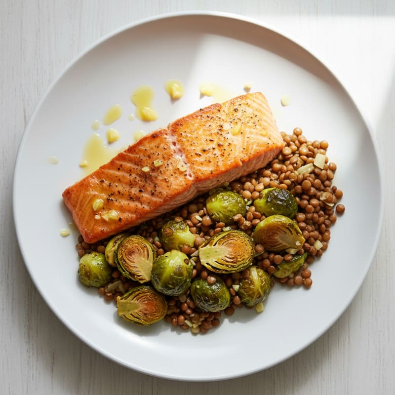 Seared Salmon Fillet with Roasted Brussels Sprouts and Lentils