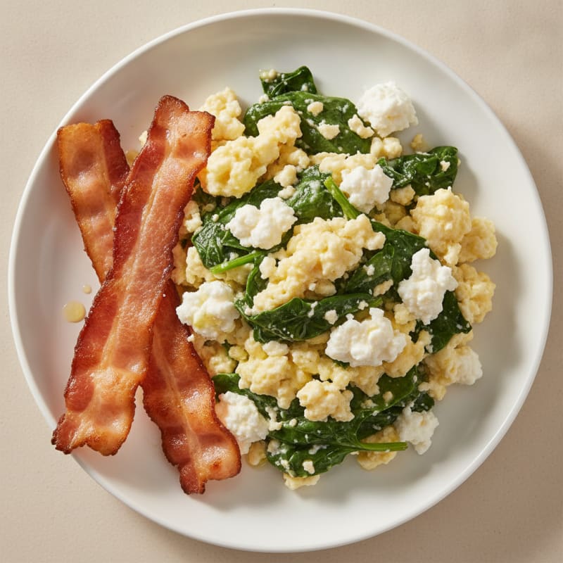 Cottage Cheese Scramble with Spinach and Turkey Bacon