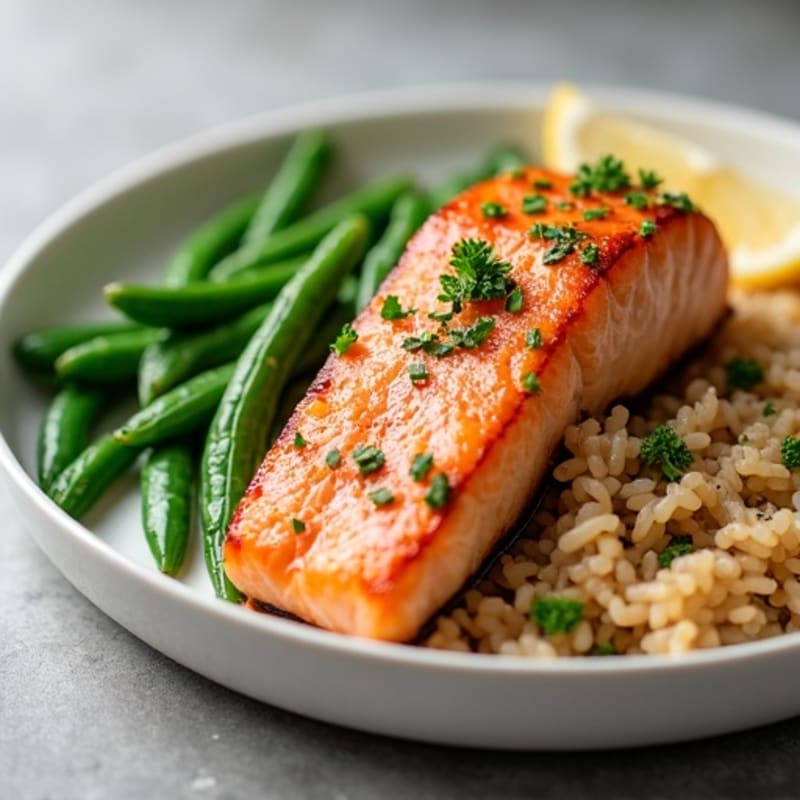 Seared Salmon Fillet with Garlic Green Beans and Brown Rice