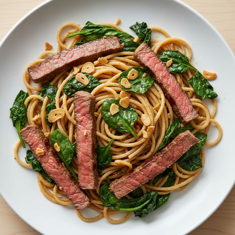 Seared Beef Strips with Garlic Spaghetti and Sautéed Spinach