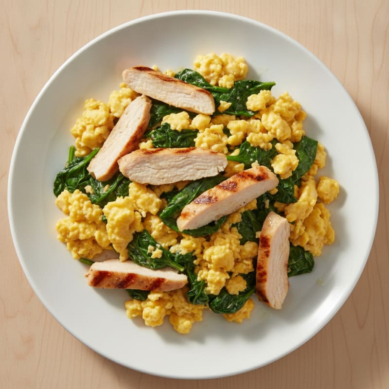 Scrambled Eggs with Sautéed Spinach and Grilled Chicken