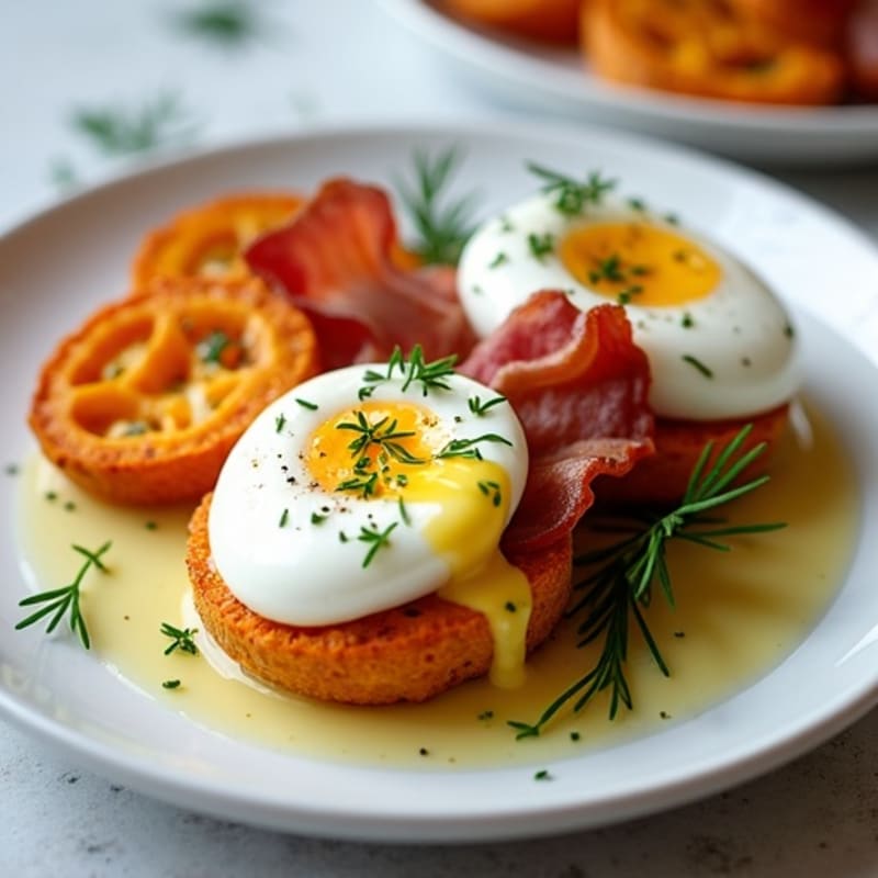 Poached Eggs with Crispy Sweet Potato Rounds, Lean Turkey Bacon, and Creamy Lemon-Dill Sauce