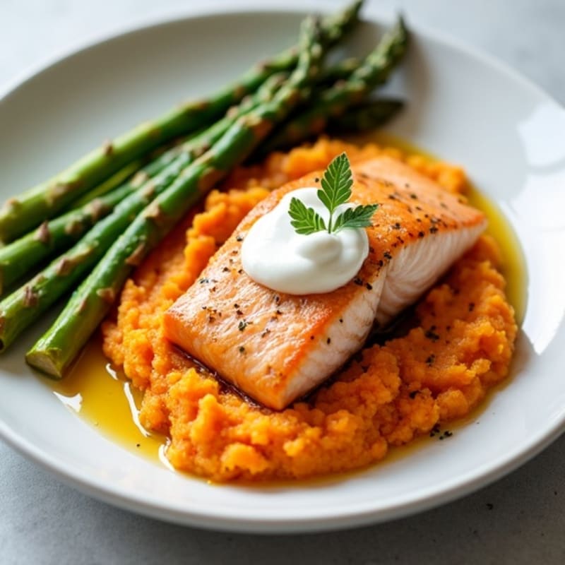 Seared Salmon with Roasted Asparagus and Sweet Potato Mash