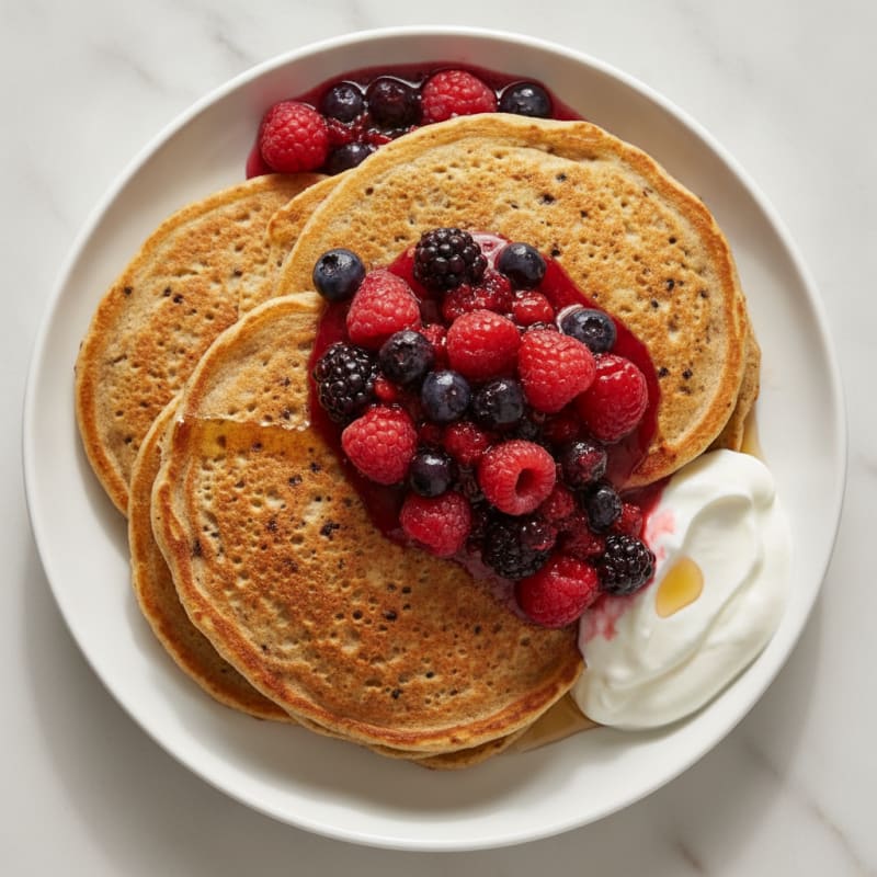 Vanilla Bean Protein Pancakes with Berries
