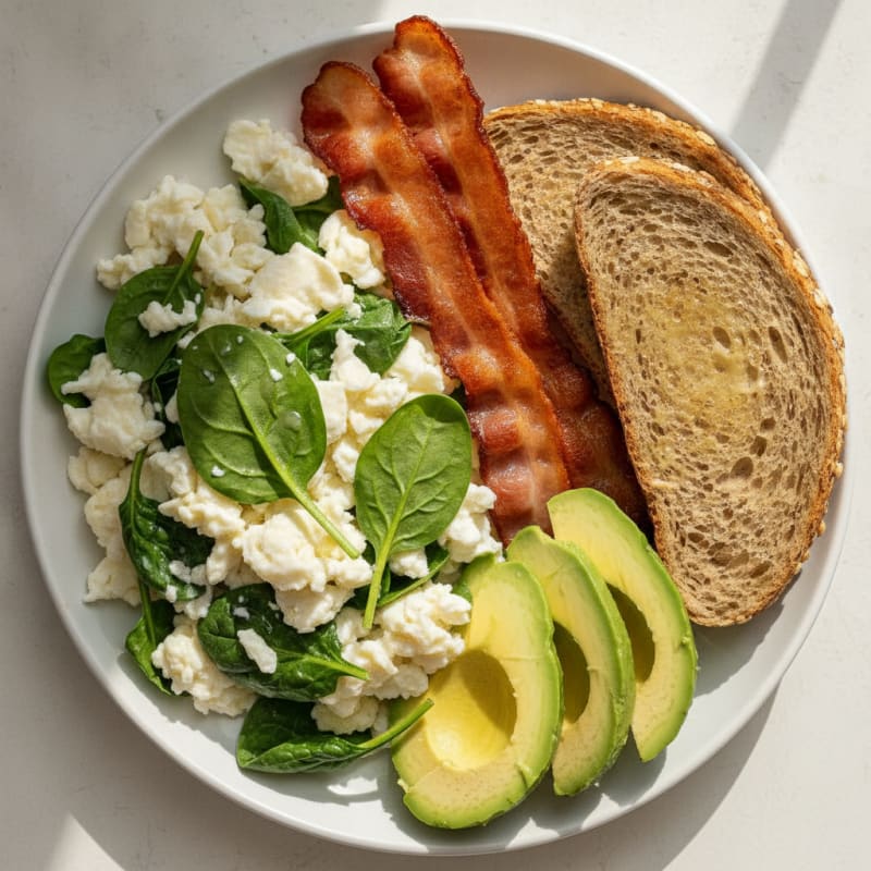 Crispy Turkey Bacon and Egg White Scramble with Spinach