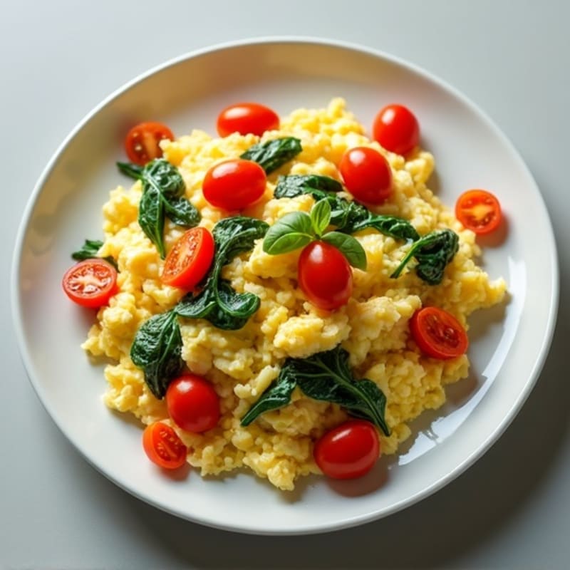Fluffy Scrambled Eggs with Sautéed Spinach and Cherry Tomatoes