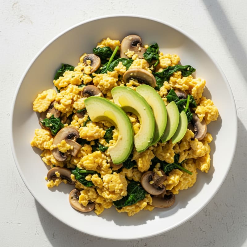Egg and Spinach Scramble with Sautéed Mushrooms and Avocado