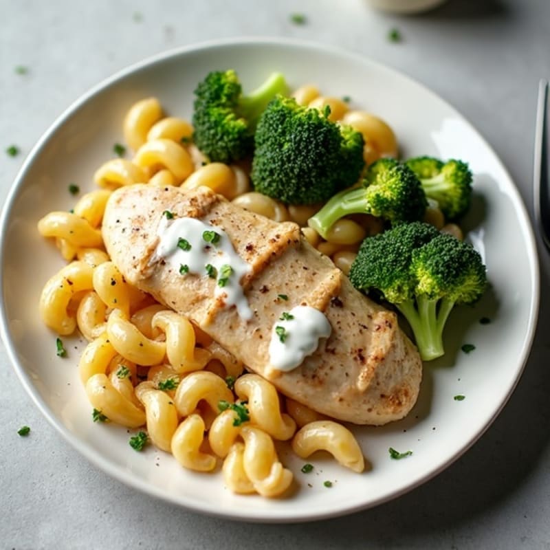 Creamy Garlic Chicken Pasta with Roasted Broccoli