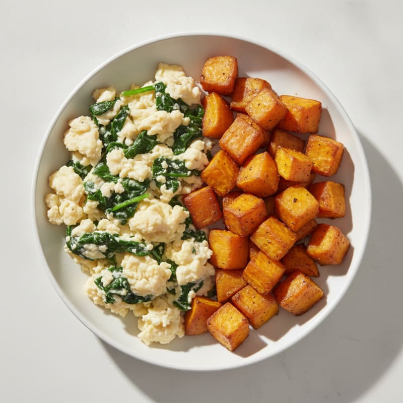 Egg and Spinach Scramble with Roasted Sweet Potato