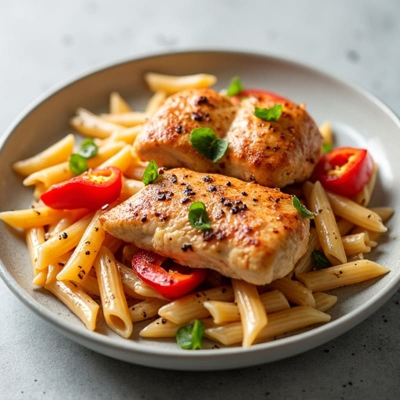 Spicy Chicken with Creamy Whole Wheat Pasta and Bell Peppers