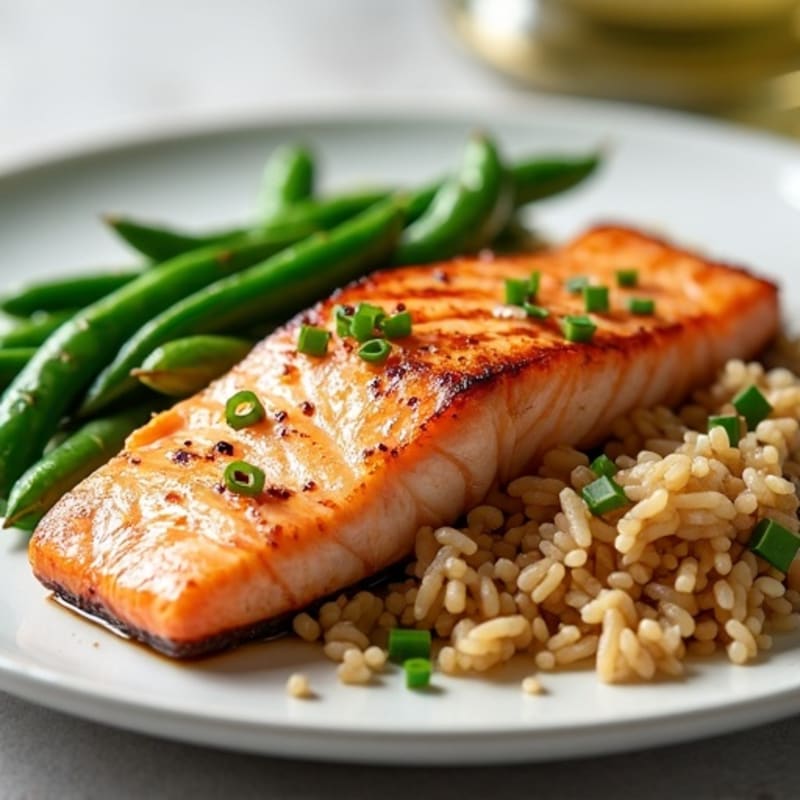 Seared Salmon with Garlic Green Beans and Brown Rice