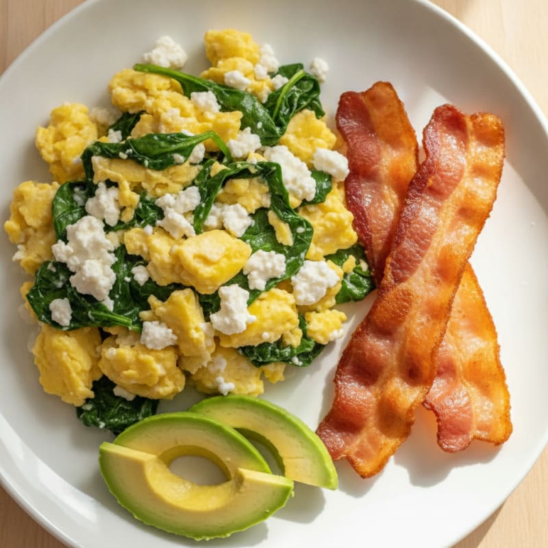Cottage Cheese Scramble with Spinach and Turkey Bacon