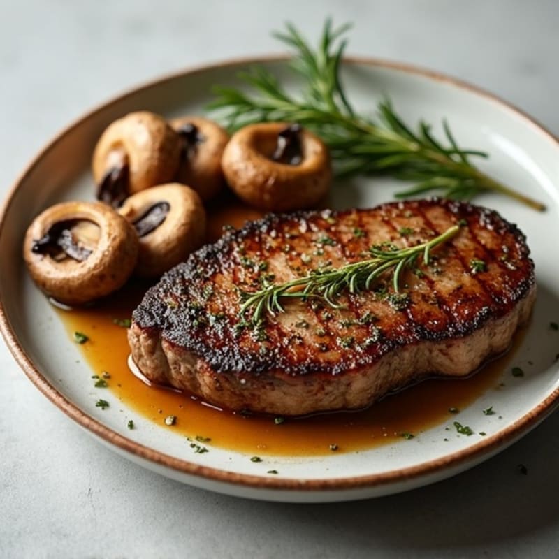 Herb-Crusted Pan Seared Steak with Roasted Garlic Mushrooms