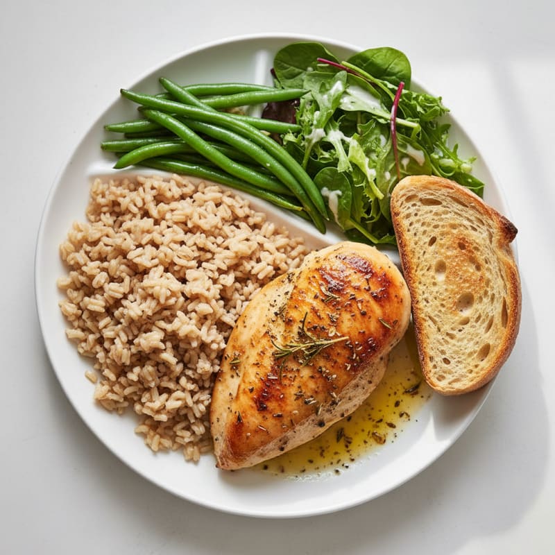 Herb-Roasted Chicken Breast with Brown Rice and Steamed Green Beans