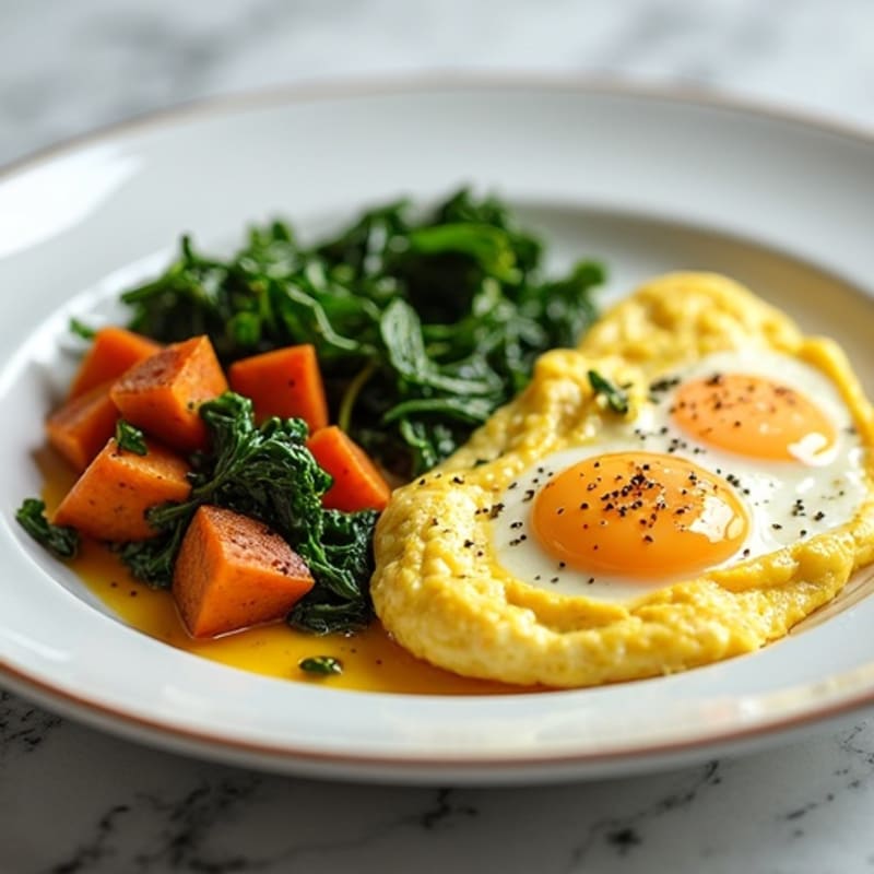 Creamy Scrambled Eggs with Sautéed Spinach and Sweet Potato Hash