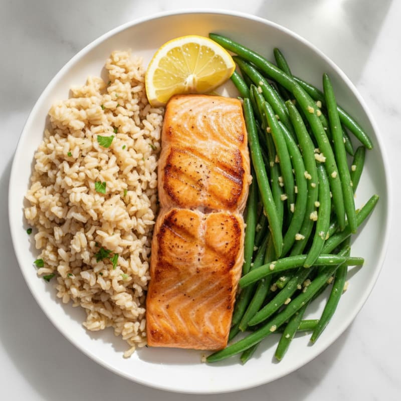 Seared Salmon Fillet with Garlic Green Beans and Brown Rice
