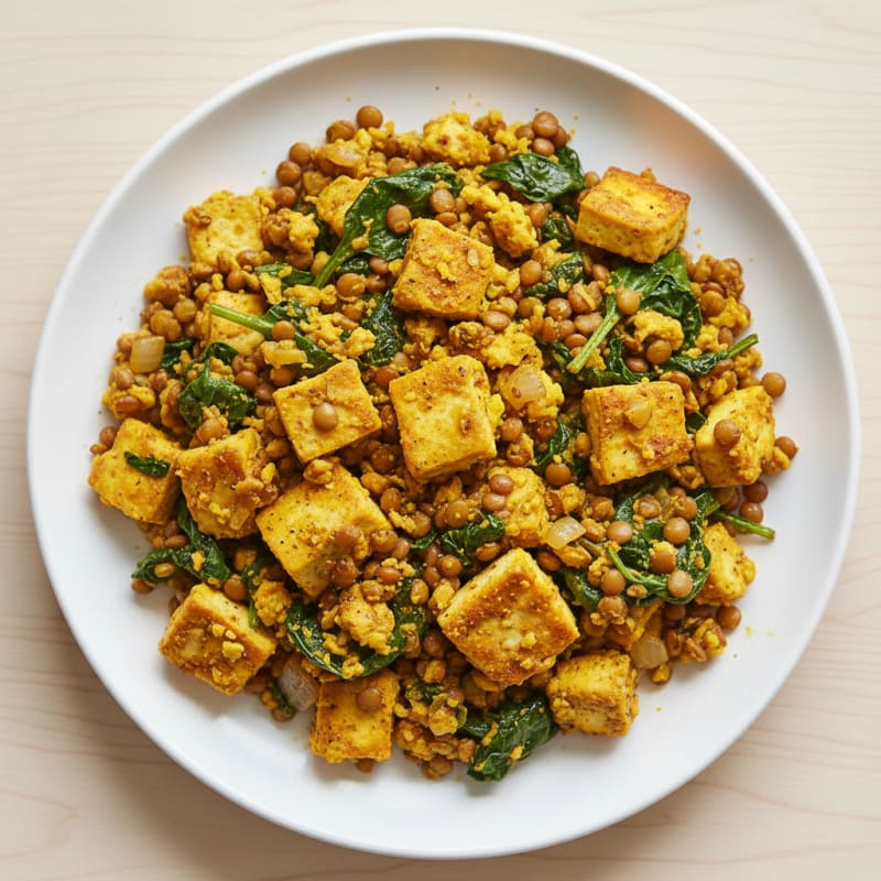 Silky Tofu Scramble with Lentils and Spinach