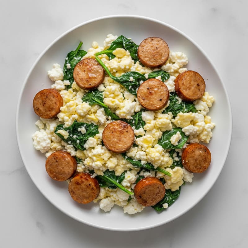 Cottage Cheese Scramble with Spinach and Chicken Sausage