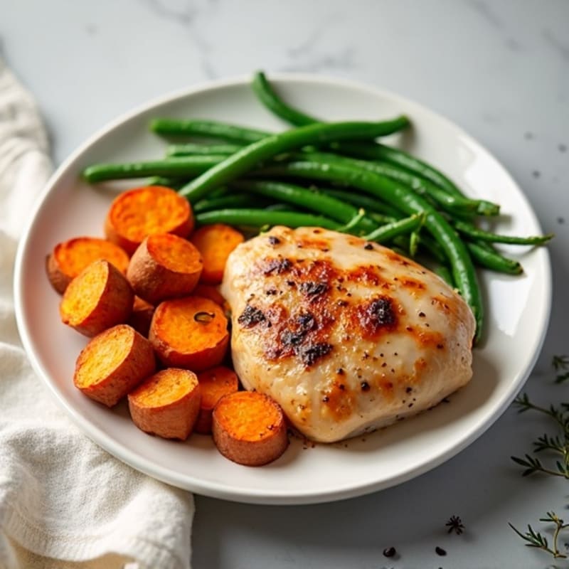 Seared Chicken Thighs with Roasted Sweet Potatoes and Green Beans