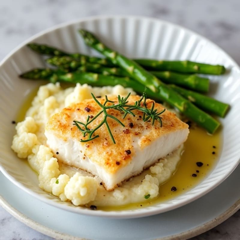 Baked Cod with Steamed Asparagus and Garlic Mashed Cauliflower