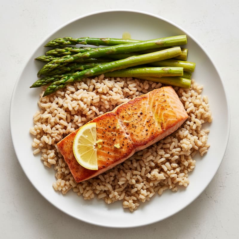 Seared Salmon with Steamed Asparagus and Brown Rice