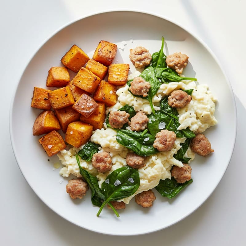 Egg White and Turkey Sausage Scramble with Spinach and Roasted Sweet Potatoes