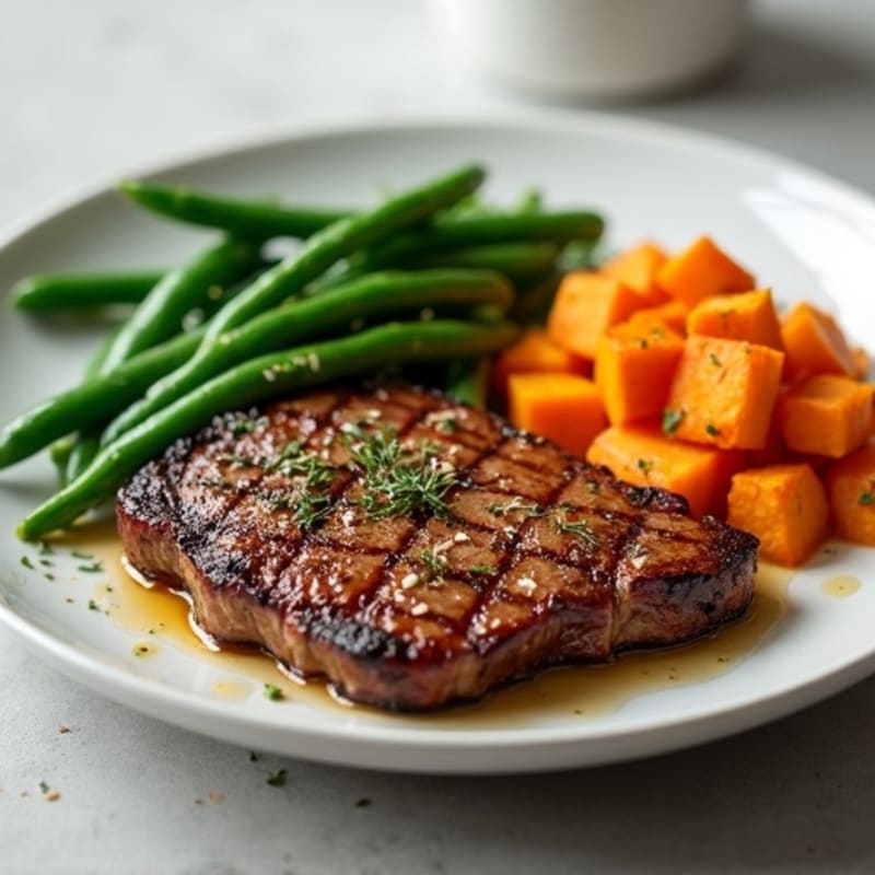 Seared Steak with Garlic Green Beans and Roasted Sweet Potatoes