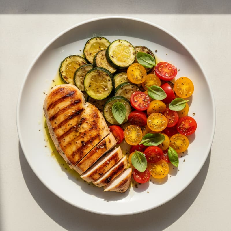 Grilled Chicken Breast with Roasted Zucchini and Tomato Salad