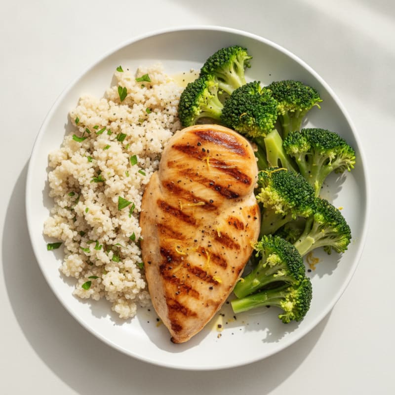 Grilled Chicken Breast with Steamed Broccoli and Quinoa
