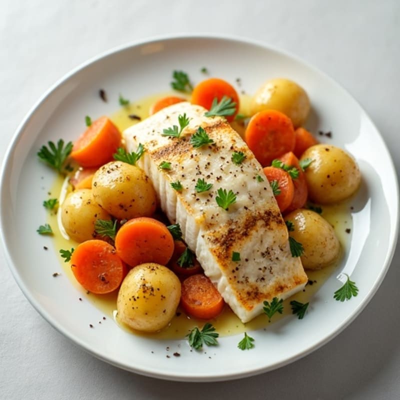 Pan-Seared Fish with Herbed Potatoes and Steamed Carrots