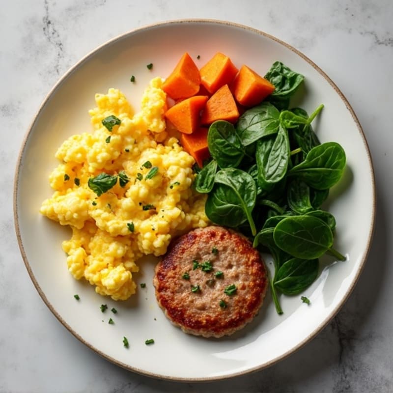 Egg White and Turkey Sausage Scramble with Spinach and Roasted Sweet Potato