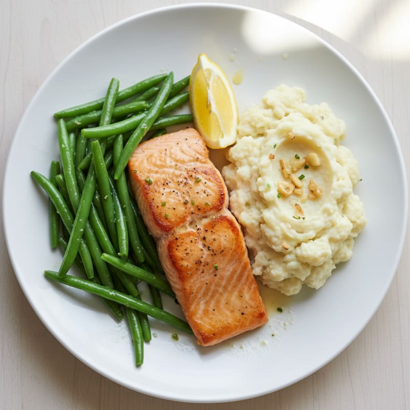 Seared Salmon with Steamed Green Beans and Mashed Cauliflower