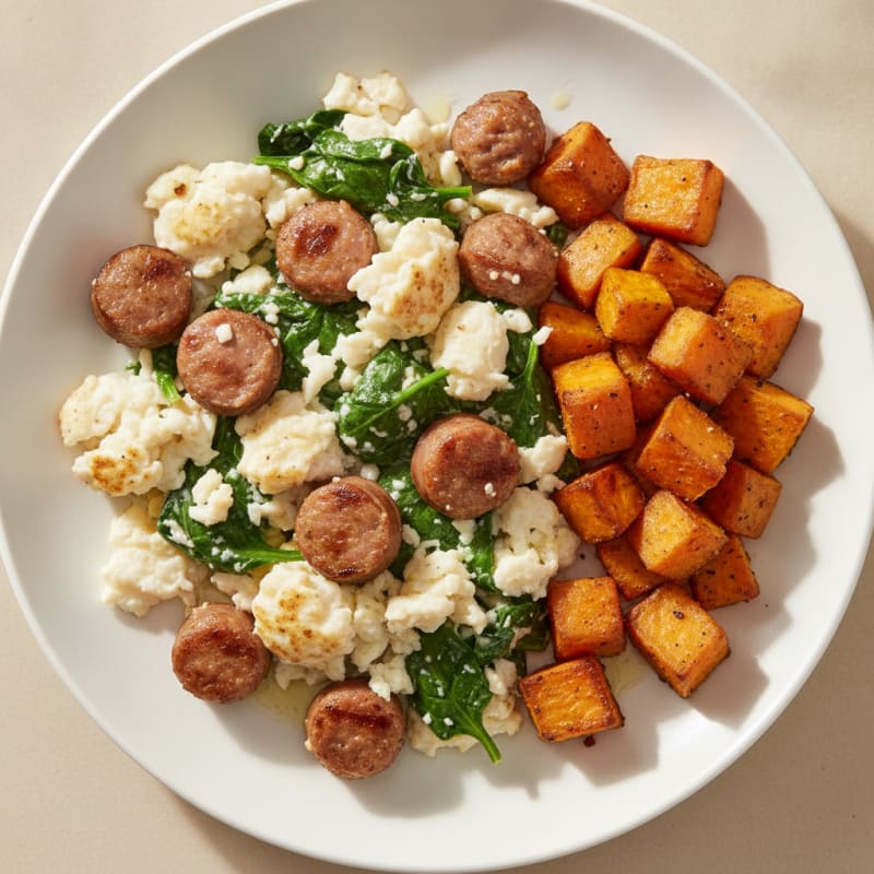 Egg White and Turkey Sausage Scramble with Spinach and Roasted Sweet Potatoes