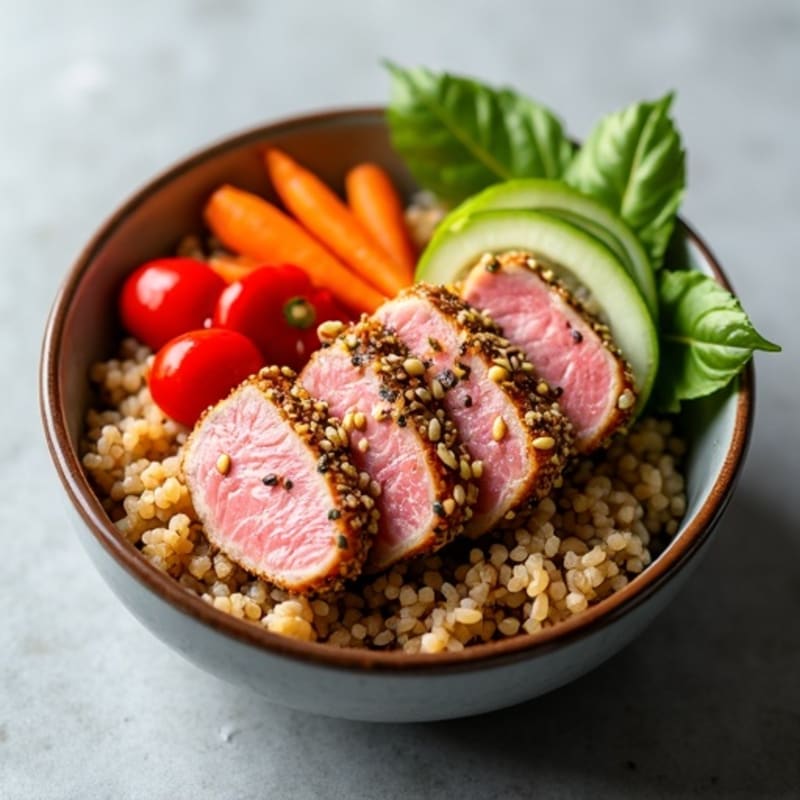 Sesame-Crusted Tuna Rice Bowl with Fresh Vegetables