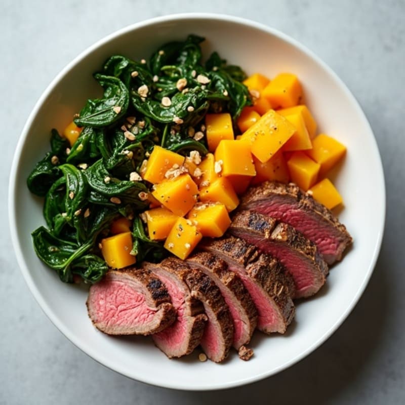 Savory Beef Bowl with Roasted Squash, Wilted Collards, Fresh Mango, and Toasted Oats