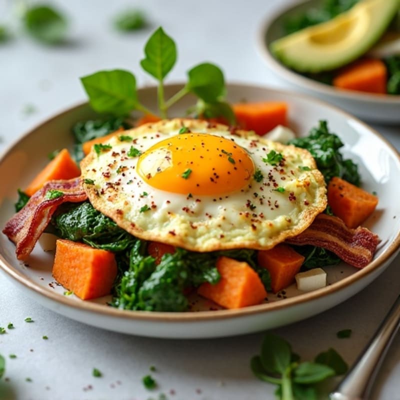 Crispy Turkey Bacon and Spinach Egg Scramble with Sweet Potato Hash