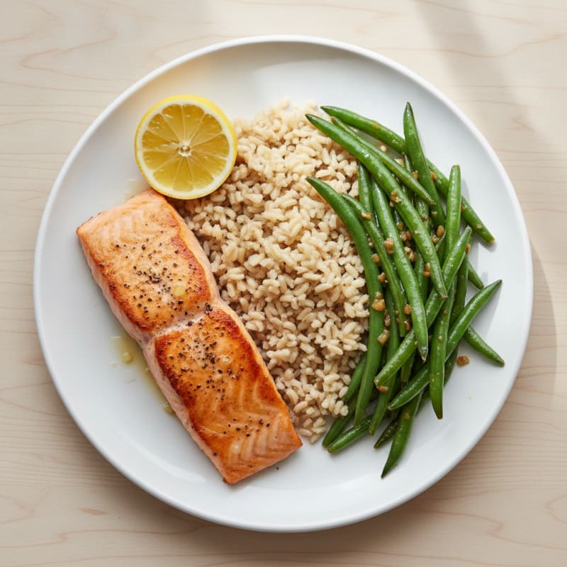 Seared Salmon with Garlic Green Beans and Brown Rice