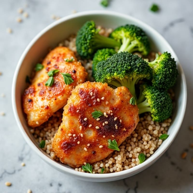 Crispy Sesame Chicken and Roasted Broccoli Brown Rice Bowl