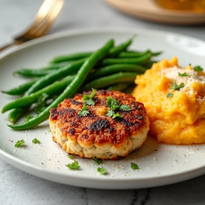 Seared Turkey Patties with Garlic Green Beans and Mashed Sweet Potato