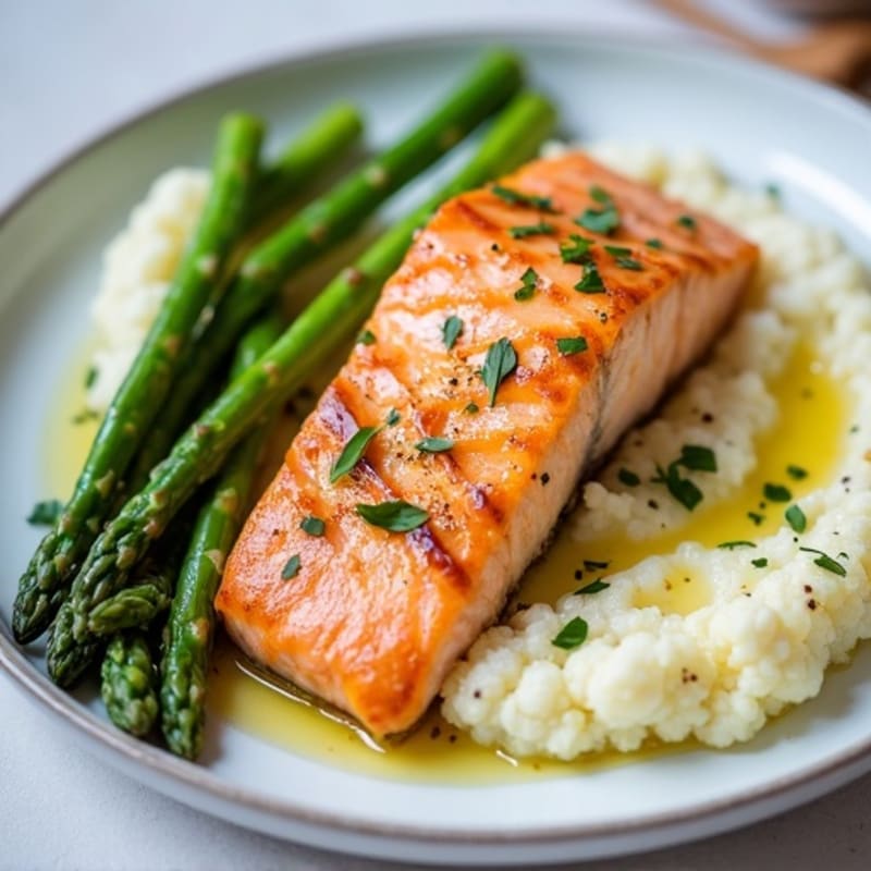 Seared Salmon with Steamed Asparagus and Cauliflower Mash