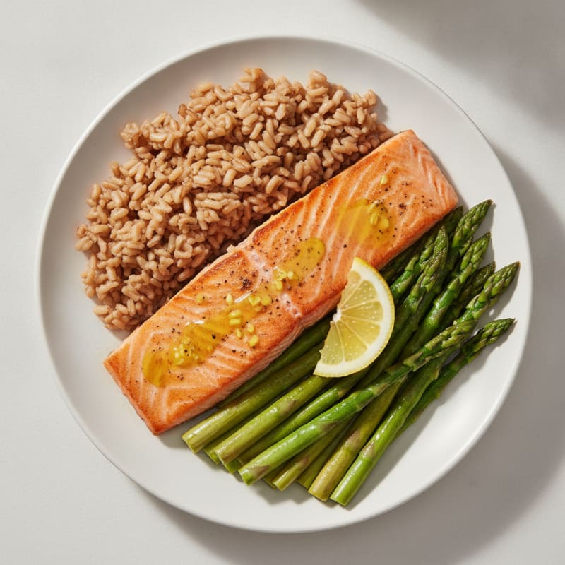 Seared Salmon Filet with Steamed Asparagus and Brown Rice